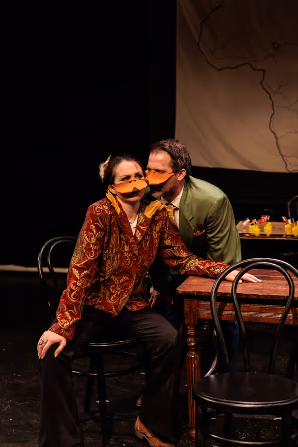 Mr. Duck (Nate Speckman, right) whispers in the ear of King Leopold II (Allison McCall, left) in Heart of Duckness by A.J. Ditty. Photo by Kat Moraros Photography. 15
