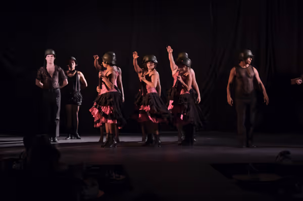 Jack Stuhley, Andres Legang, Sarah Schechter, Liv Gonzales, Noel Jensen, La'Shawn Ware as the Kit Kat Club Dancers. Photos by Ken Jacques. 9