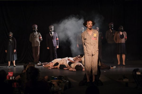 Austyn Myers as Emcee and Aarin Wilson as Sally Bowles. Linda Benning as Fräulein Schneider, Ava Castaneda as Fräulein Kost, Brad Krepps as Ernst Ludwig, Anthony Gonsalves as Max, and Michael Roderick as Officer. Kimora Smiley, Olivia Barnes, Noel Jensen, Patrice Berry, Sarah Schechter, Liv Gonzales, Andres Lagang, La'Shawn Ware, Jack Stuhley, Anton Schneiderwind as the Kit Kat Club Dancers. Photos by Ken Jacques. Photos by Ken Jacques. 14