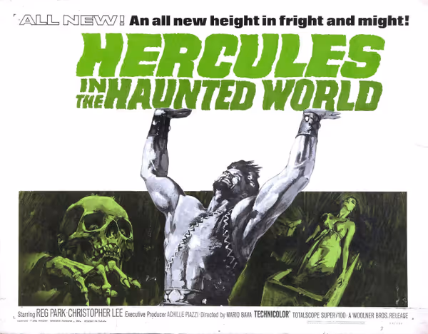2-color vintage lobby card for the film's initial theatrical run in North America. The distributor leaned heavy on the genre-blending aspect of this film, the horror elements giving some new life to the regular 'gladiator film' fare. 5