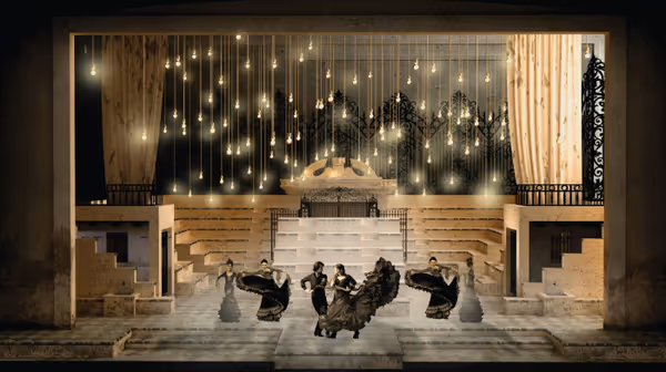 Set design for Act II of  Carmen (Lillas Pastia's tavern at night), by director/designer Thaddeus Strassberger. 4