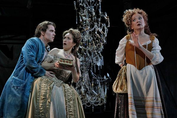 A scene from LA Opera's 2018 production of Candide.  Shown: Jack Swanson as Candide, Erin Morley as Cunegonde and Christine Ebersole as the Old Lady. (Photo: Ken Howard) 2