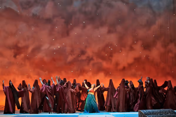 A scene from LA Opera's 2017 production of Nabucco. Shown: Liudmyla Monastyrska as Abigaille. (Photo: Ken Howard) 5