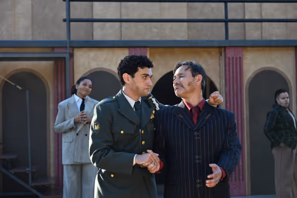 L to R: Emily Newsome* as Lepidus, Tyler Aguallo as Caesar, Jermy Ohta Lee* as Antony, Deanalís Arocho Resto as Enobarbus in Free Shakespeare in the Park's "Antony+Cleopatra" (*Member Actors' Equity Association / Photo: Jay Yamada) 2