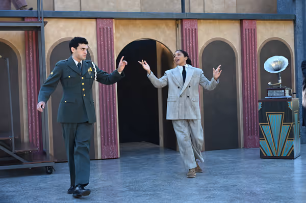 L to R: Tyler Aguallo as Caesar, Emily Newsome* as Lepidus in Free Shakespeare in the Park's "Antony+Cleopatra" (*Member Actors' Equity Association / Photo: Jay Yamada) 5
