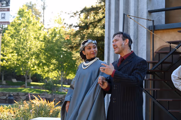 L to R: Emily Newsome* as Octavia, Jeremy Ohta Lee* as Antony in Free Shakespeare in the Park's "Antony+Cleopatra" (*Member Actors' Equity Association / Photo: Jay Yamada) 3