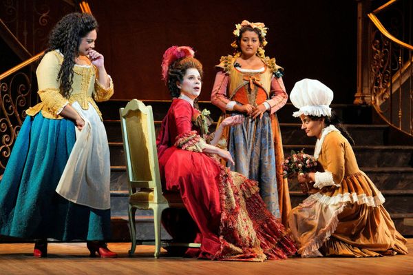 A scene from LA Opera's 2023 production of The Marriage of Figaro.  Shown: Janai Brugger as Susanna, Ana Maria Martinez as the Countess, Deepa Johnny as Barbarina, and Rihab Chaieb as Cherubino. (Photo: Cory Weaver) 3