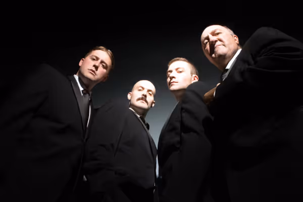 The cast of BOUNCERS by John Godber, LIVE at The Modern Theatre Oct. 1-24. From left, Liam McCarron as Les, Bradley Belanger as Judd, Michael Ferrari as Lucky Eric. 1