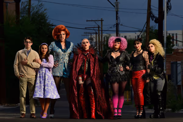 From left: Cast members Jack Feeney-Muñoz (Brad), Lillian Ruth Anagnost (Janet), Tempest DuJour/Patrick Holt (the Narrator), Harrison Dodge (Dr. Frank-N-Furter), Annie Houglum (Magenta), Savana Dorame (Columbia) and Christine Winn (Riff-Raff). PHOTO JULIUS SCHLOSBURG. 1