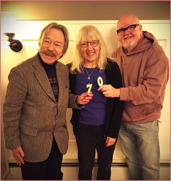 Announcing on Mary Lahti's 70th birthday, her first rehearsal meeting with Music Director (and husband) Jim Lahti (left) and Director, Lennie Watts (right) of her show, "You're Not From Here, Are You?!" 3