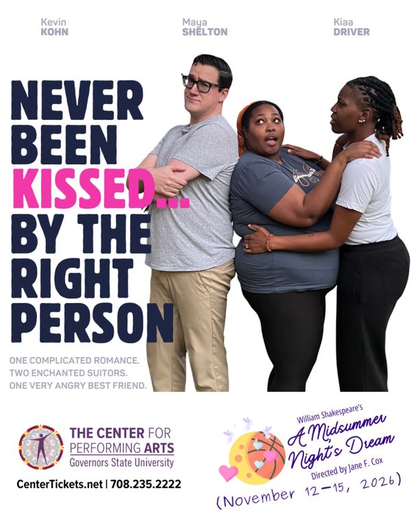 Characters Helena, Demetrius, and Hermia in Governors State University’s Center for Performing Arts production of A Midsummer Night’s Dream. Photo and graphic design by Maya Shelton. 2