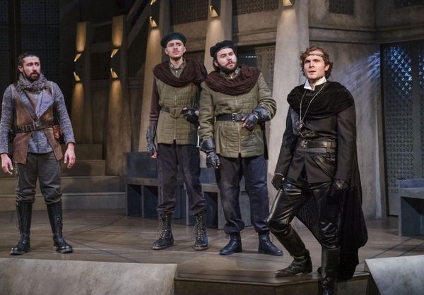 Joe Mucciolo as Horatio, Cole Henry Gilder as Barnardo, Ethan Goodmansen as Marcellus, and Isaac Hickox-Young as Hamlet. Photo by Avery Brunkus. 2