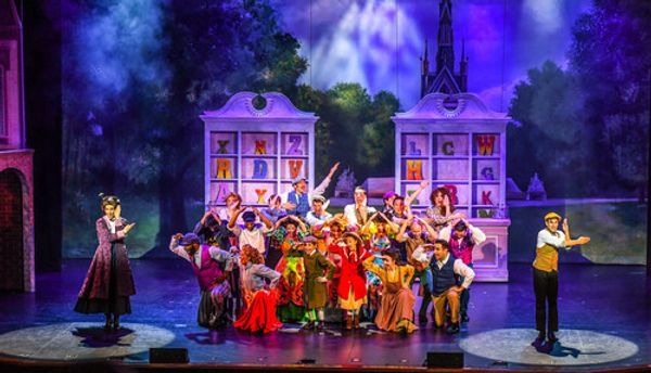 (Left to right) Victoria Vasquez (front), April Strelinger (back), Nate Colton, (front) Matthew Korinko (back), Melissa Whitworth (flying) in Slow Burn Theater Company?s MARY POPPINS 11