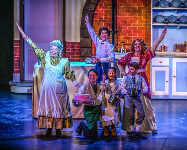 (Left to right) Ellie Pattison, Stephen Fala (front), Melissa Whitworth (behind), Victoria Vasquez (front), April Strelinger (behind), Nate Colton (front) in Slow Burn Theater Company?s MARY POPPINS 10
