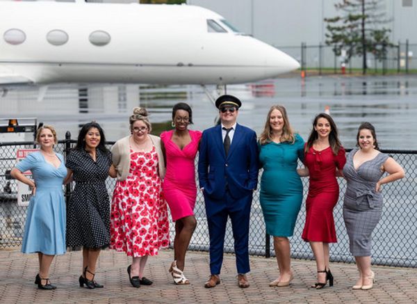 Frank Abagnale, Jr. (Brett Stockman) and the ladies - Maureen Longanecker, America Michelle, Courtney Camden, Karen Whitlock, Jane Waldrop, Rachael Wilks-McCann, Anastasia Brunk - are ready to catch that Pan Am flight! Photo courtesy of Alan Price Photography. 1