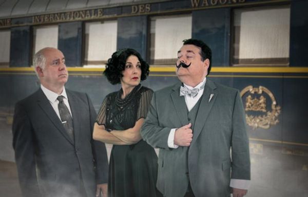 Second Street Players cast members rehearsing a scene from “Murder on the Orient Express” are (l-r) Steven Perry as Monsieur Bouc, Jill Lewandowski as Helen Hubbard and John H. Hulse as Hercule Poirot.  1