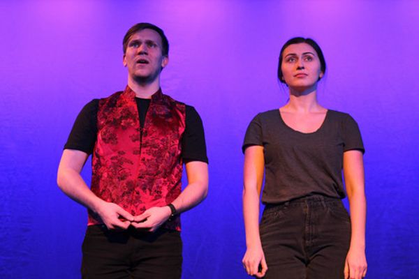 Danny Ferenczi as Avery and Elise Delap as Elena in "Paper Swords" at the 2020 Chicago Musical Theatre Festival 2