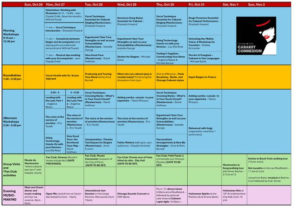 Conference Schedule Sample for Chicago Paris Cabaret Connexion 7th annual event 1