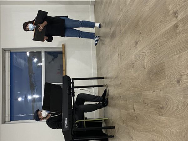 Composer Fynn Cuthbert and actor Sydney Gauvin learning music for The Good Guys. 4