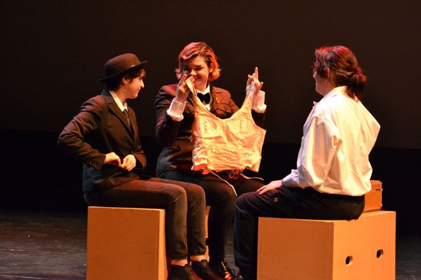 ACT students Maryssa Gusan (Norwich), Freddie Downey (Willimantic) and Orpheus Wilson (Ellington) rehearse for the upcoming production of ?The 39 Steps.? (EASTCONN) 1