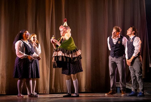 (l to r) Gabrielle Dominique (Constance Blackwood), Matthew Boyd Snyder (Ricky Potts), Shinah Hey (Ocean O’Connell Rosenberg), Nick Martinez (Noel Gruber), Eli Mayer (Mischa Bachinski), and Marc Geller (The Amazing Karnak) in Ride the Cyclone running January 13 through February 19 at Arena Stage at the Mead Center for American Theater. Photo by Margot Schulman. 15