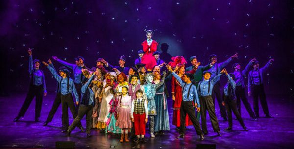 (Left to right) Victoria Vasquez (front), April Strelinger (back), Nate Colton, (front) Matthew Korinko (back), Melissa Whitworth (flying) in Slow Burn Theater Company?s MARY POPPINS 3