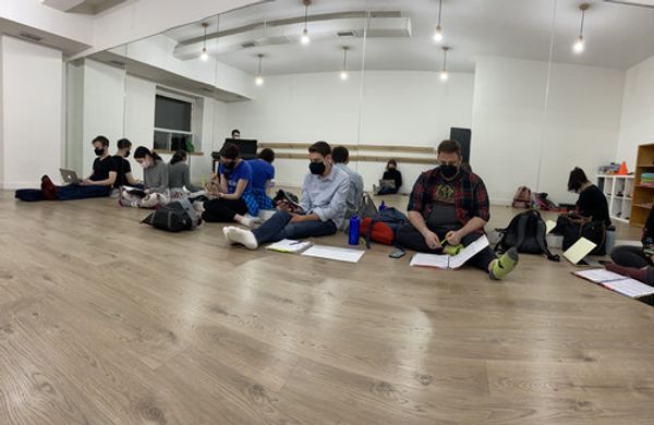 Actors Mike Buchanan, Sydney Maloney, Jonathan Baum, Tara Kennedy and Greg Ryerson attending the first rehearsal for The Good Guys. 1