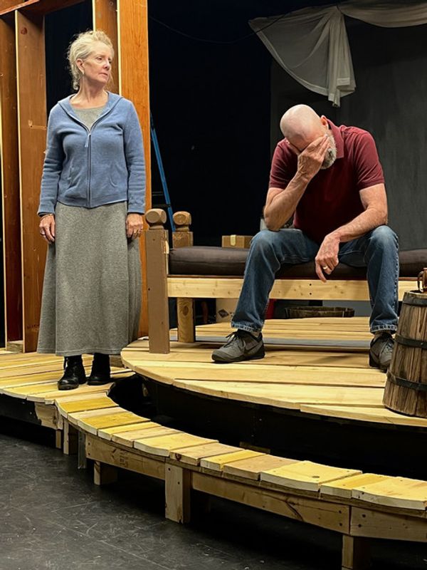 Rehearsal photo of Leigh Strimbeck (Eleanor) and Steven Patterson (Henry) in 