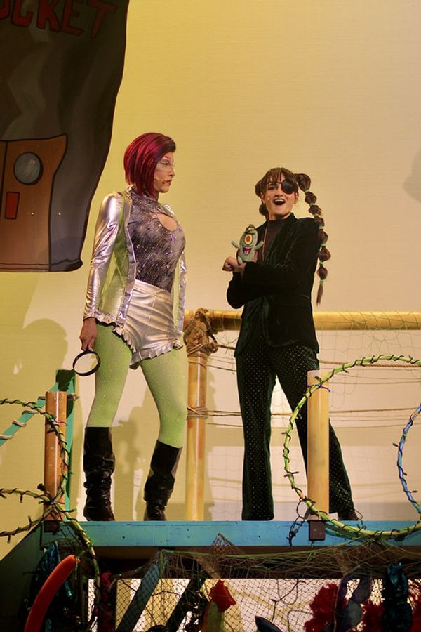 Daniel Torres as Karen the Computer and Meghan Ottomano as Sheldon Plankton (photo by Bee Pruitt, courtesy of Celebration Theatre Company) 5