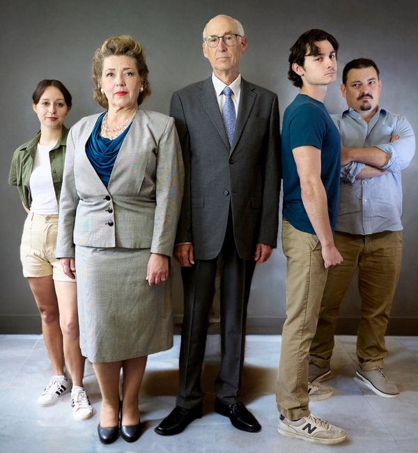 The cast from left: Emma Wallach (Noa, Rabin?s granddaughter; Inbal, assistant to the Prime Minister; and Shalhevet, fellow law student and Yigal?s one-time love interest); Nicole Halmos (Leah, Rabin? 1