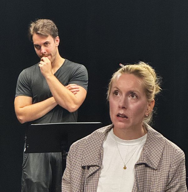 Johnny Travers (Luke) and Elizabeth Narciso (Lauren) in rehearsal for the U.S. premiere of Hannah Moscovitch''s RED LIKE FRUIT at Catskill''s Bridge Street Theatre 1