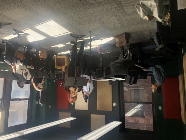 First rehearsal. Sharon K. Janda, Glafkos Kontemeniotis (Music Director), Tony Lannen (bassist), Izzi Stein (vocalist), Charly Kay (vocalist) 1