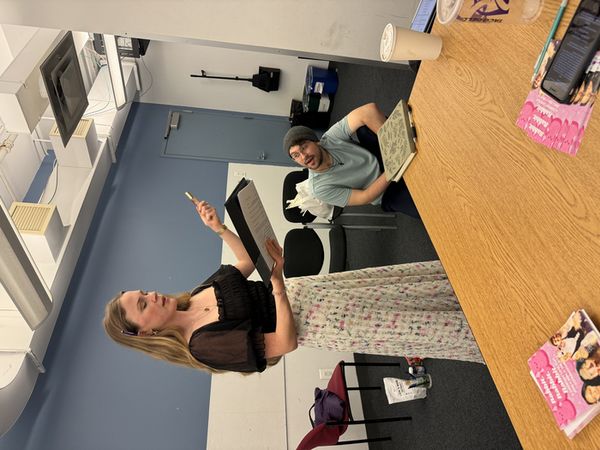 Photo of Caitlin Kirk (Lindy) and Paul B. Jackson (Derrick) in rehearsals at A. R. T. / NY 2