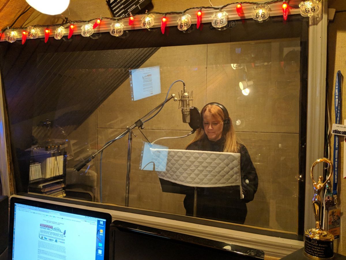 Laura J. Axelrod in a recording studio session exploring narration and performance te Photo
