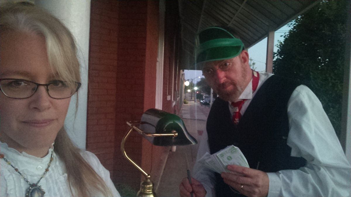 Laura J. Axelrod and Greg Richter devising a site-specific scene based on historical  Photo