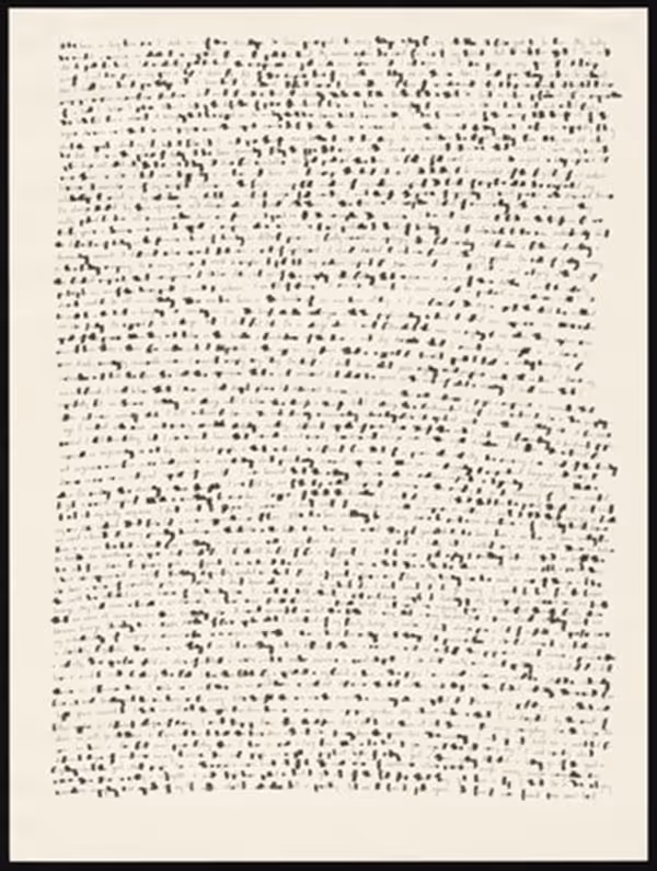 Liza Sylvestre (b.1988). Interference 7/26/2021, 2021. Ink on paper, 18 x 24 in. (45.7 x 61 cm). Courtesy of the artist. Liza Sylvestre. A sheet of off-white paper pinned to a wall, densely filled 1