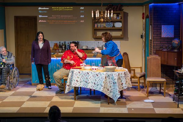The Family: Seated - Edith (Tracey Wetzstein), Francis (John Larrabee), Carrie (Ashleigh Happer), Adam (Mike Glorioso; Standing - Matthew (Jack Olson), Sheena (Whitney Perish) 5
