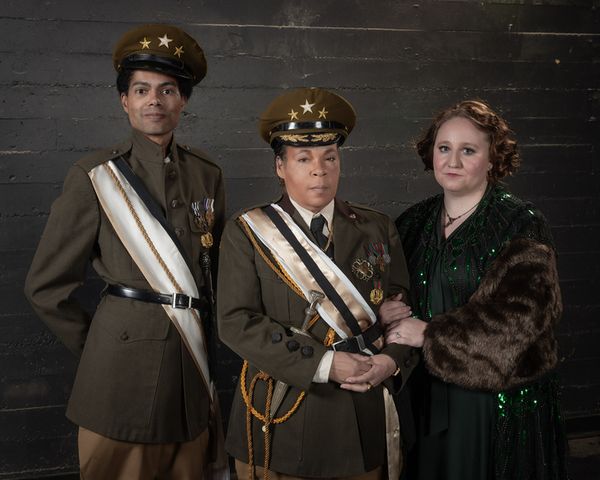 Matthew Malone as Octavius Caesar, Sarah Palmero as Julius Caesar, and Julianna Schultz as Calpurnia in Julius Caesar 1922 at Sacramento Shakespeare Festival. Photo by Bruce Clarke 1