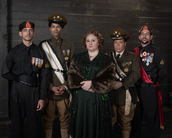 Matthew Malone as Octavius Caesar, Sarah Palmero as Julius Caesar, and Julianna Schultz as Calpurnia in Julius Caesar 1922 at Sacramento Shakespeare Festival. Photo by Bruce Clarke 2