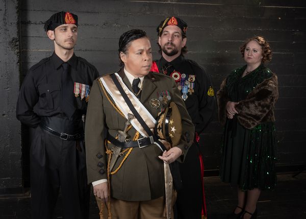 Matthew Malone as Octavius Caesar, Sarah Palmero as Julius Caesar, and Julianna Schultz as Calpurnia in Julius Caesar 1922 at Sacramento Shakespeare Festival. Photo by Bruce Clarke 3