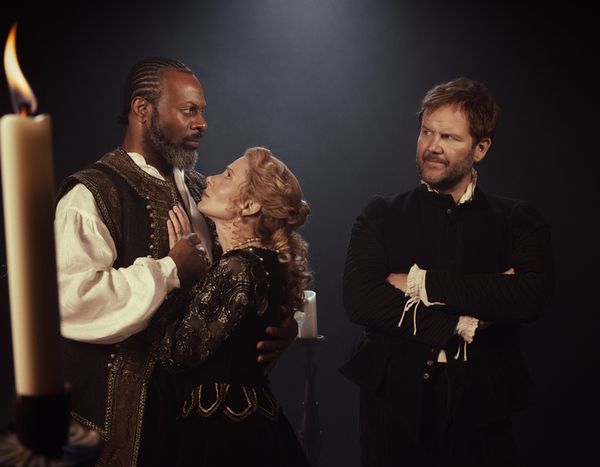 From left: Andr Sills, Krystin Pellerin and Evan Buliung, Othello. Stratford Festival 2026. Photo: Dariane Sanche. 1
