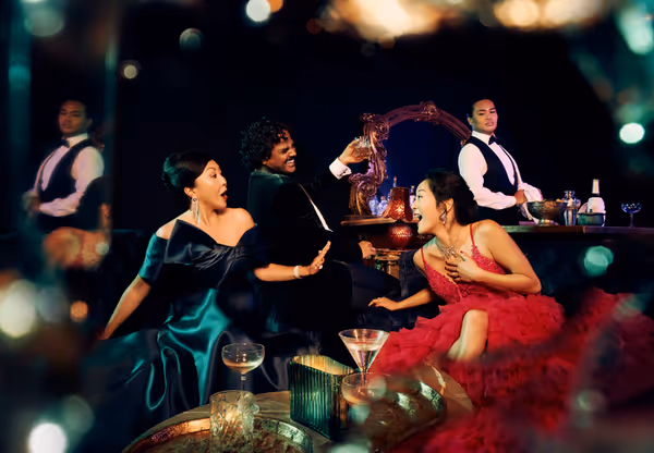 From left: Manami Hara, Karthik Kadam, Agnes Tong and Nestor Lozano Jr., The Tao of the World. Stratford Festival 2026. Photo: Dariane Sanche. 1