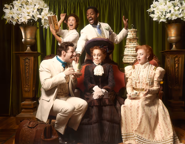 From left: Joe Perry, Marissa Orjalo, Christopher Allen, Fiona Reid and Allison Lynch, The Importance of Being Earnest. Stratford 2026. Photo: Dariane Sanche. 1