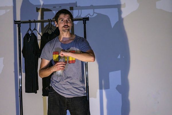 Photographed by Robert Crowe: St. Louis Fringe Festival 2024, Venue: High Low. Lazaros Theodorakopoulos in Night Just Before the Forest by Bernard-Marie Kolt s, translated by Timothy Johns, directed b 1