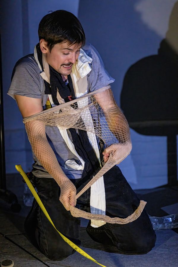 Photographed by Robert Crowe: St. Louis Fringe Festival 2024, Venue: High Low. Lazaros Theodorakopoulos in Night Just Before the Forest by Bernard-Marie Kolt s, translated by Timothy Johns, directed b 5