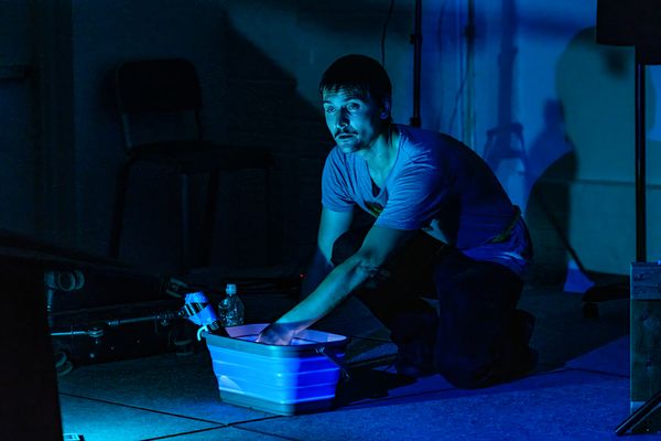 Photographed by Robert Crowe: St. Louis Fringe Festival 2024, Venue: High Low. Lazaros Theodorakopoulos in Night Just Before the Forest by Bernard-Marie Kolt s, translated by Timothy Johns, directed b 6