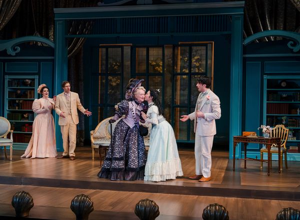 Carolyne Leys as Gwendolen Fairfax, Tug Rice as John ?Jack? Worthing, Marion Adler as Lady Bracknell, Joyce Meimei Zheng as Cecily Cardew, and Christian Frost as Algernon Moncrieff. Photo by Avery Bru 1