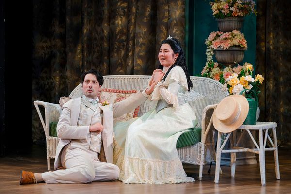 Carolyne Leys as Gwendolen Fairfax, Tug Rice as John ?Jack? Worthing, Marion Adler as Lady Bracknell, Joyce Meimei Zheng as Cecily Cardew, and Christian Frost as Algernon Moncrieff. Photo by Avery Bru 5