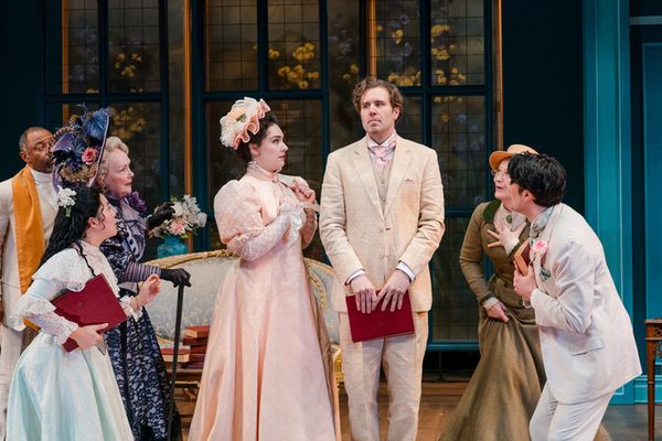 Carolyne Leys as Gwendolen Fairfax, Tug Rice as John ?Jack? Worthing, Marion Adler as Lady Bracknell, Joyce Meimei Zheng as Cecily Cardew, and Christian Frost as Algernon Moncrieff. Photo by Avery Bru 6