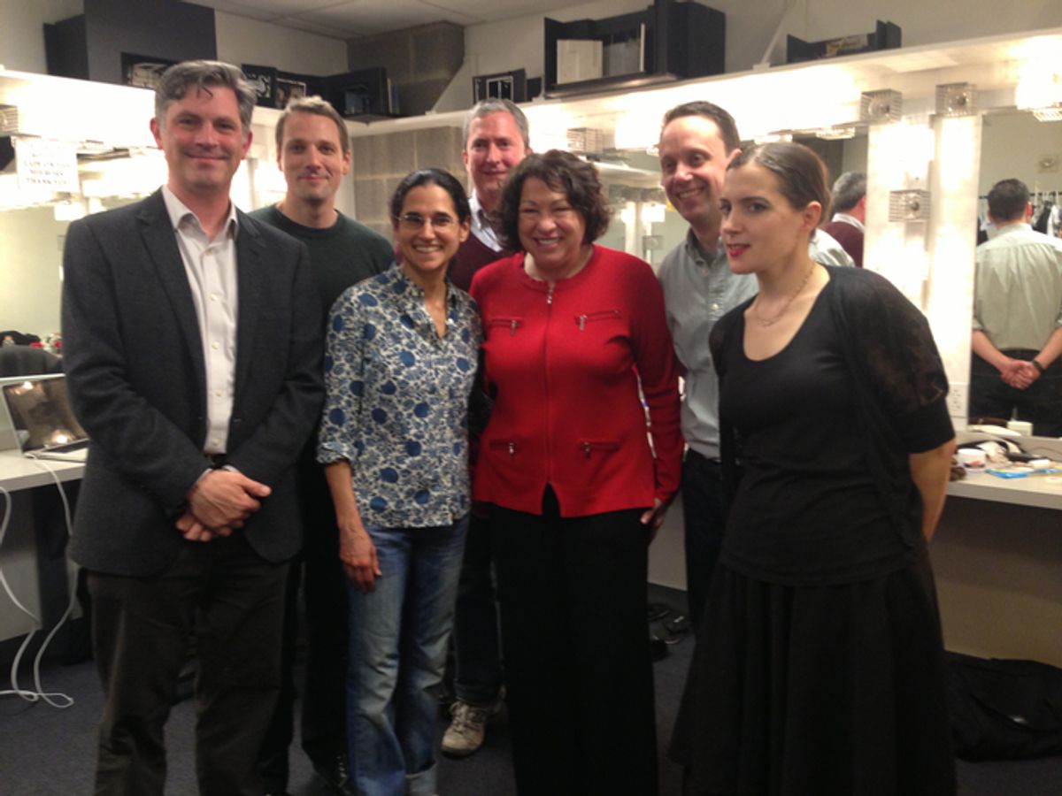 Supreme Court Justice Sonia Sotomayor posing with members of the cast of Arguendo. Fr Photo
